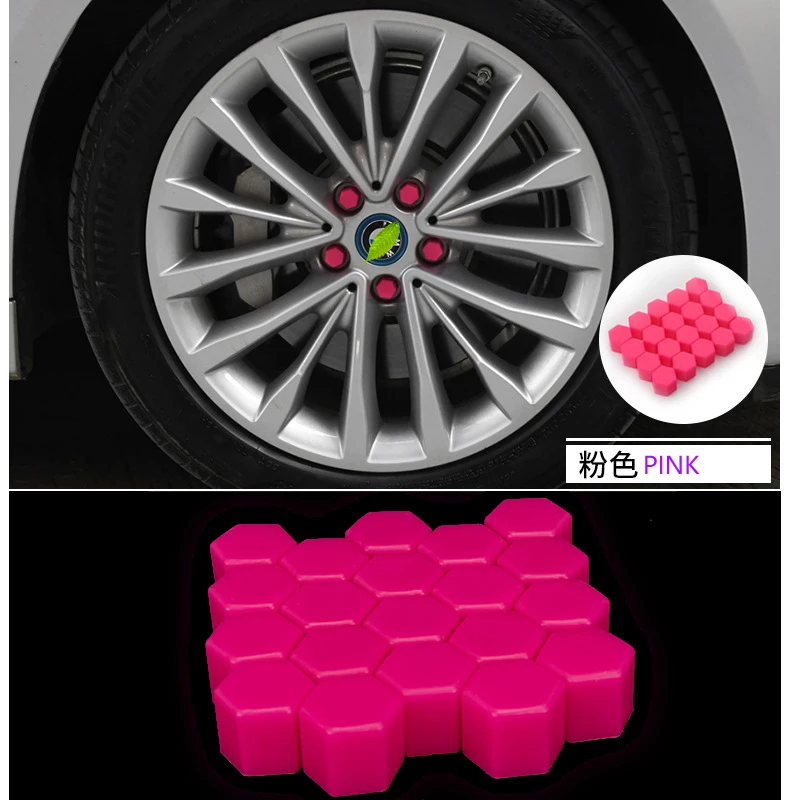 20pcs luminous Pink Cars  wheel screw cap silicone tyre nut Dustproof anti rust cover 15/17/19/ 21mm