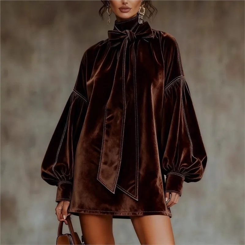 Retro elegante fluwelen mini-jurk hoge kraag lantaarn mouw vlinderdas lange mouw damesjurken casual high street feestjurk