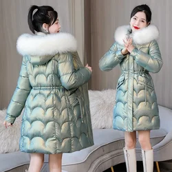 2024 New Winter Jacket Long Coats Women Parkas Fur Collar Hooded Glossy Down Cotton Jacket Warm Casual Cotton Padded Parka Coat