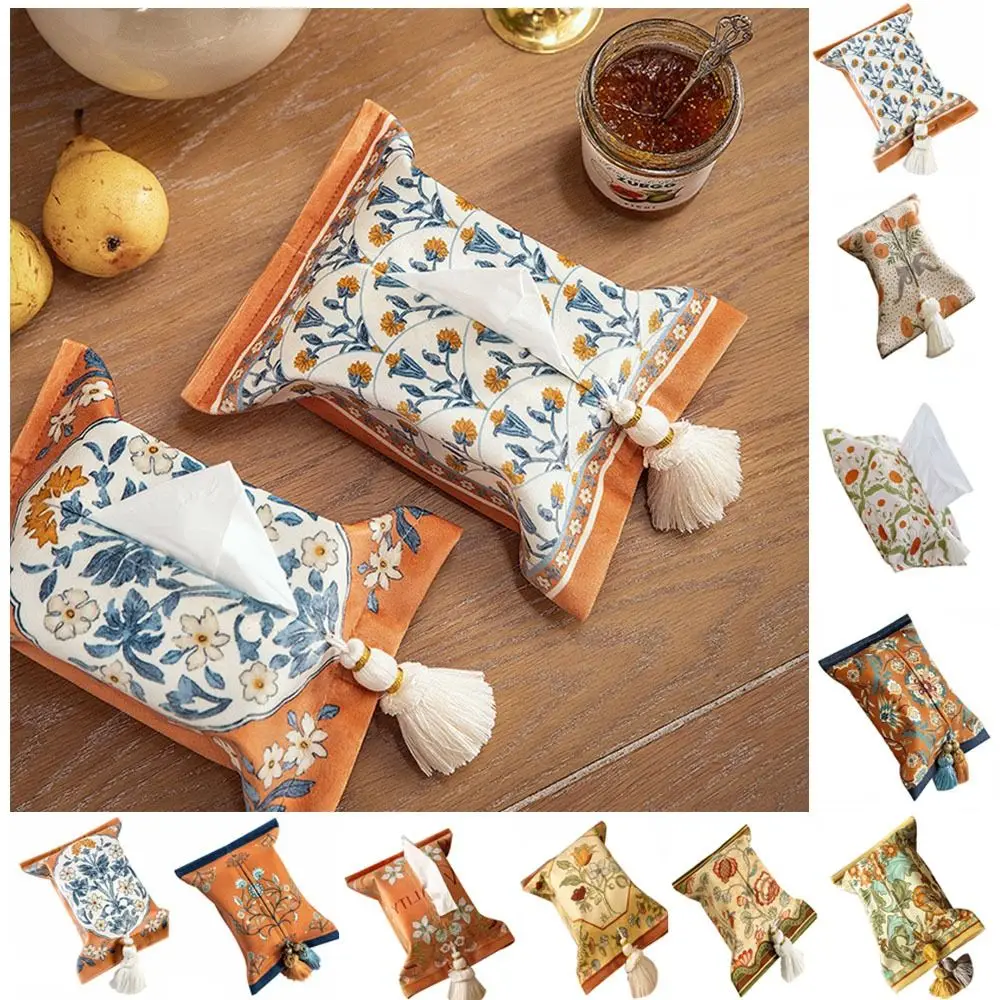 18x24cm Short Plush Tissue Bag Vintage Floral American Tissue Box Holder Reusable Decorative Napkin Paper Box Office