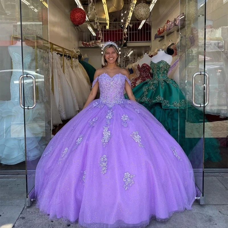 

ANGELSBRIDEP Lilac Off-Shoulder Ball Gown Quinceanera Dresses Vestidos De 15 Anos Applique Glitter Skirt Birthday Princess Party