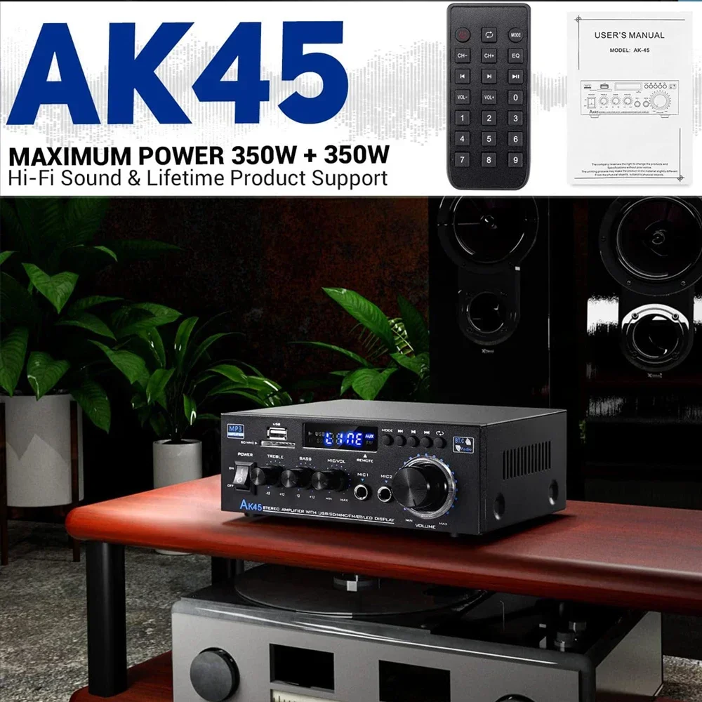 Усилитель мощности AK45 Bluetooth Усилитель звукового канала 2.0 Цифровой аудиоусилитель USB SD Микрофон RCA Поддержка входа 90-240 В Вход ЕС