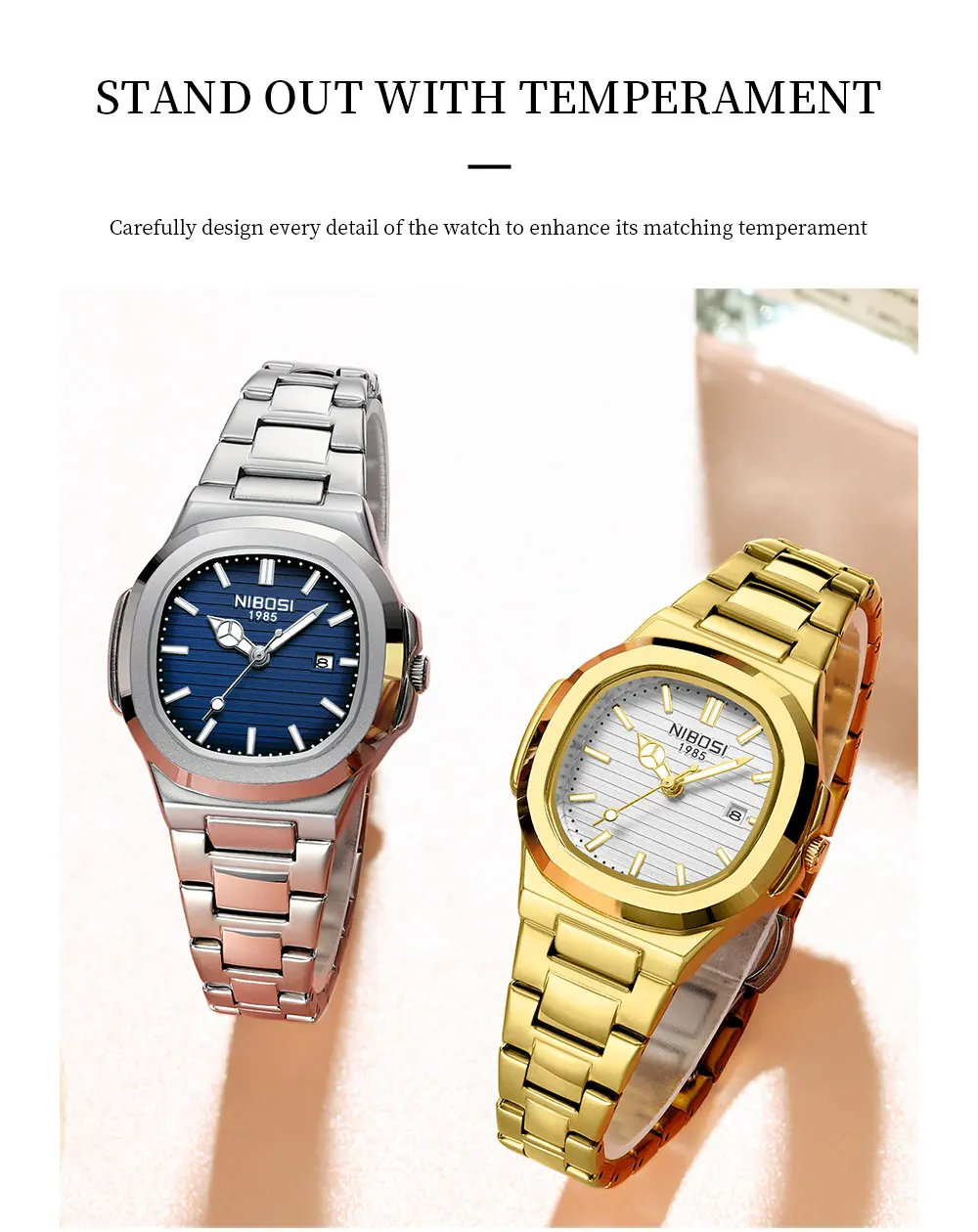 2 قطعة NIBOSI ساعات مربعة فاخرة للمرأة مضيئة مقاوم للماء تاريخ السيدات ساعة أنيقة المرأة ساعات كوارتز ساعات الإناث #5
