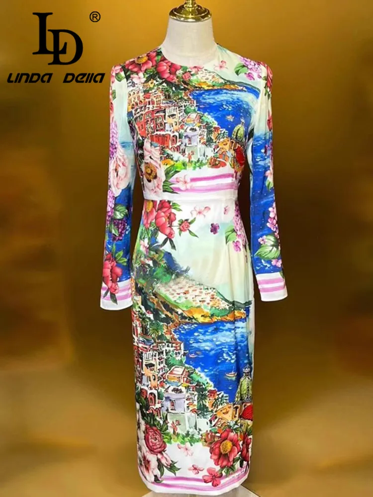 LD LINDA DELLA Women's High Street Dress Autumn Winter Long-Sleeved Slim-Fit Hip Wrap Oil Painting Landscape Printed Silk Dress