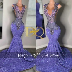 Purple O Neck Sequined Long Prom Dresses Black Girls Bead Crystal 2024 Birthday Luxury Dress Mermaid Evening Dresses Customized