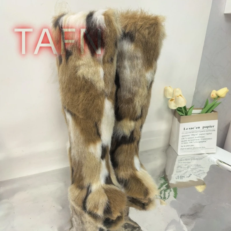 

Women's Fluffy Knee High Boots Sexy Pointed Toe Stiletto Heels Winter Warm Boot Elegant Casual Chic Shoes Street Style Snow Boot