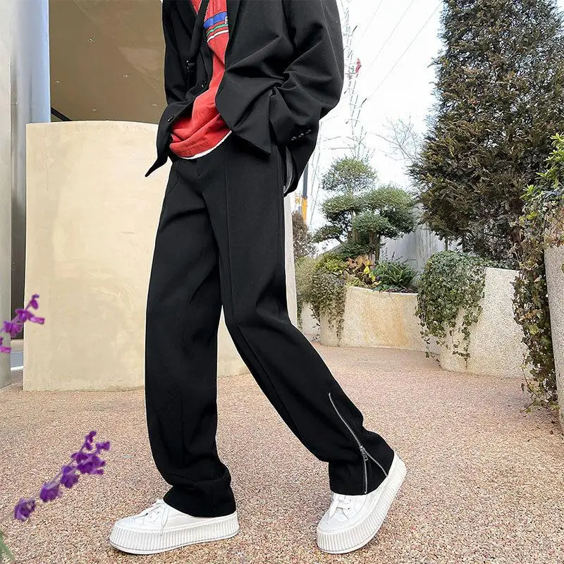 

High-End Men's Summer Spring Ice Silk Straight Leg Pants Zipper Slit Slim Fit Casual Trousers CleanFit Sle Polyester Fiber