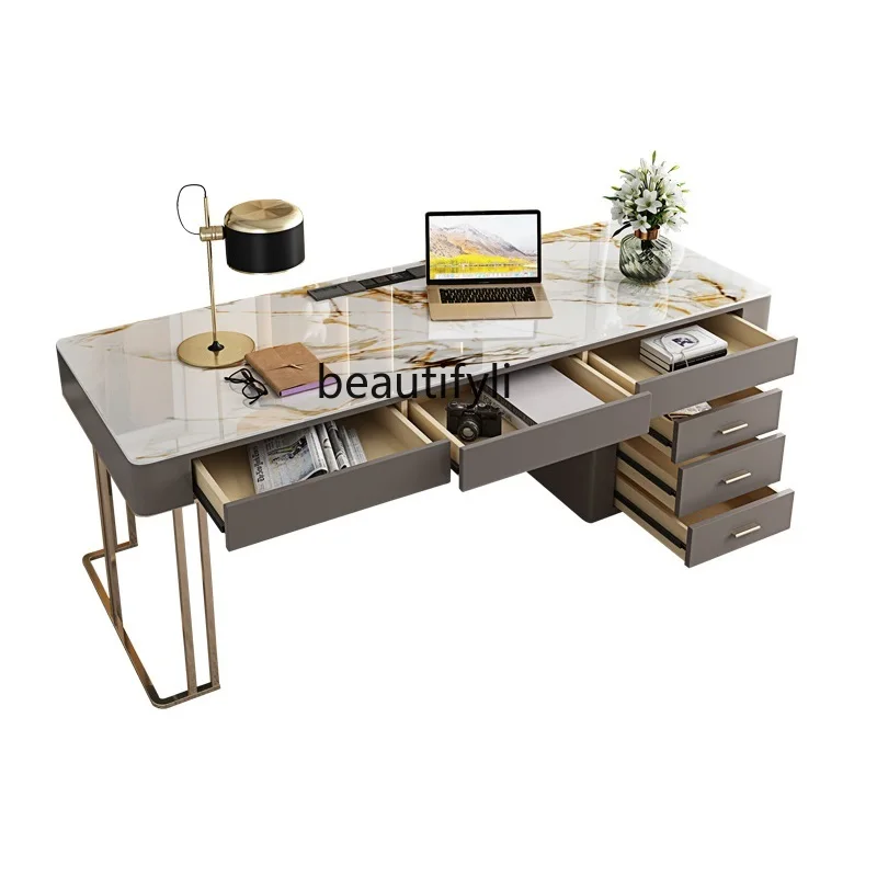 

Light Luxury Desk Bright Stone Plate Office Desk and Chair Combination Computer Desk Study Home Desk