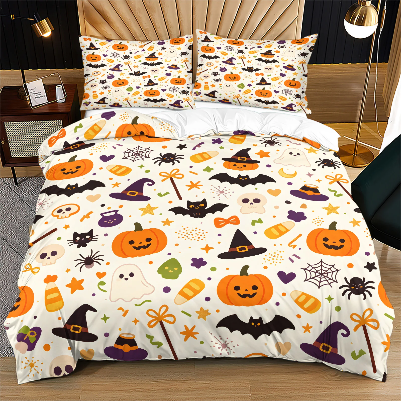 Halloween Duvet Cover Set Cute Cartoon Pumpkin Witch Hat Bat Ghost Spider Skull Print Bedding Set Soft Microfiber Quilt Cover