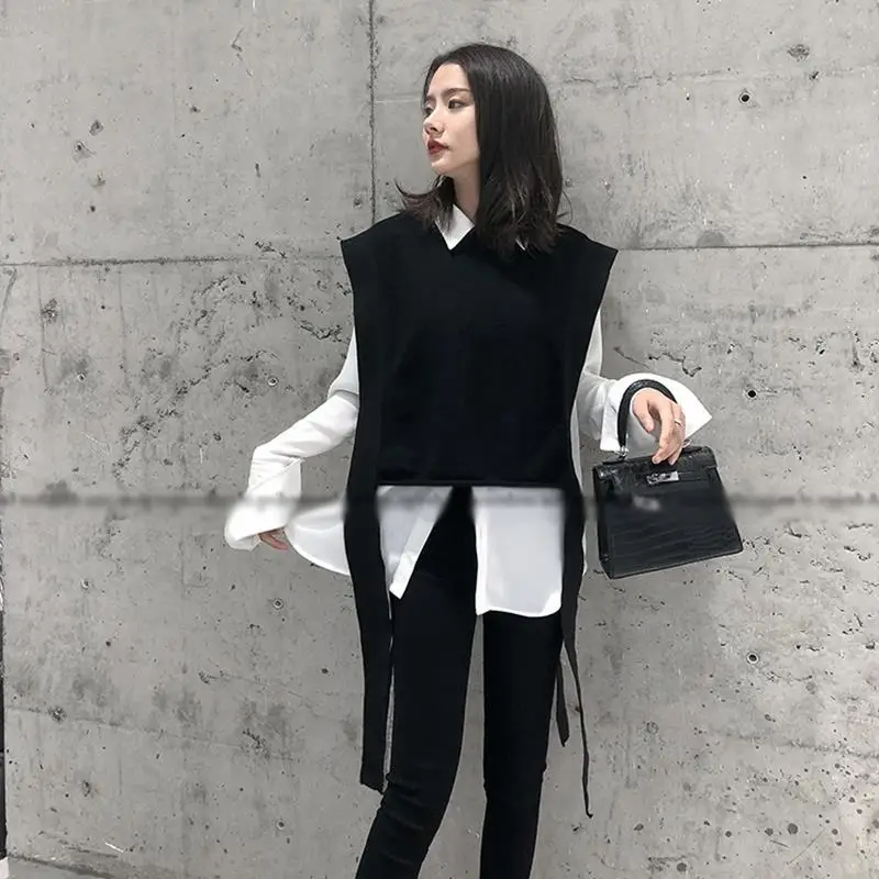 

Весенне-осенний женский вязаный жилет из 100% шерсти с круглым вырезом, свободный крой, с подплечниками, короткий рукав, верхняя одежда