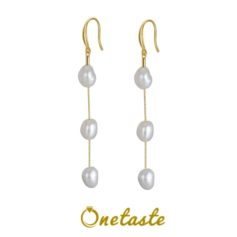 

925 Sterling Silver Chain Irregular Baroque Pearl Earrings For Women Elegant Handmade 7.6cm Long Tassel Dangle Earring Gift