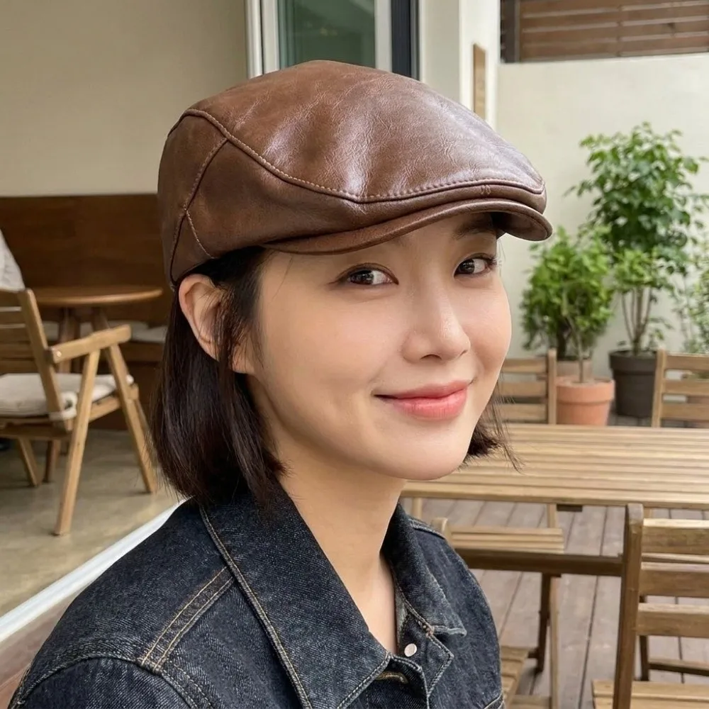 Vintage Solid Color PU Leather Berets Hat Harajuku Subculture Y2k Berets Hat Gothic Adjustable Painter Hat Women