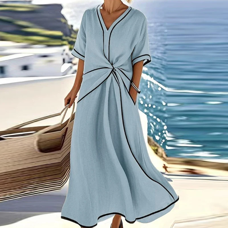 Summer Women Maxi Dress Boho O Neck Sleeveless Beach Holiday Dress Women Casual Loose Pocket Party Long Dress Boho Robe