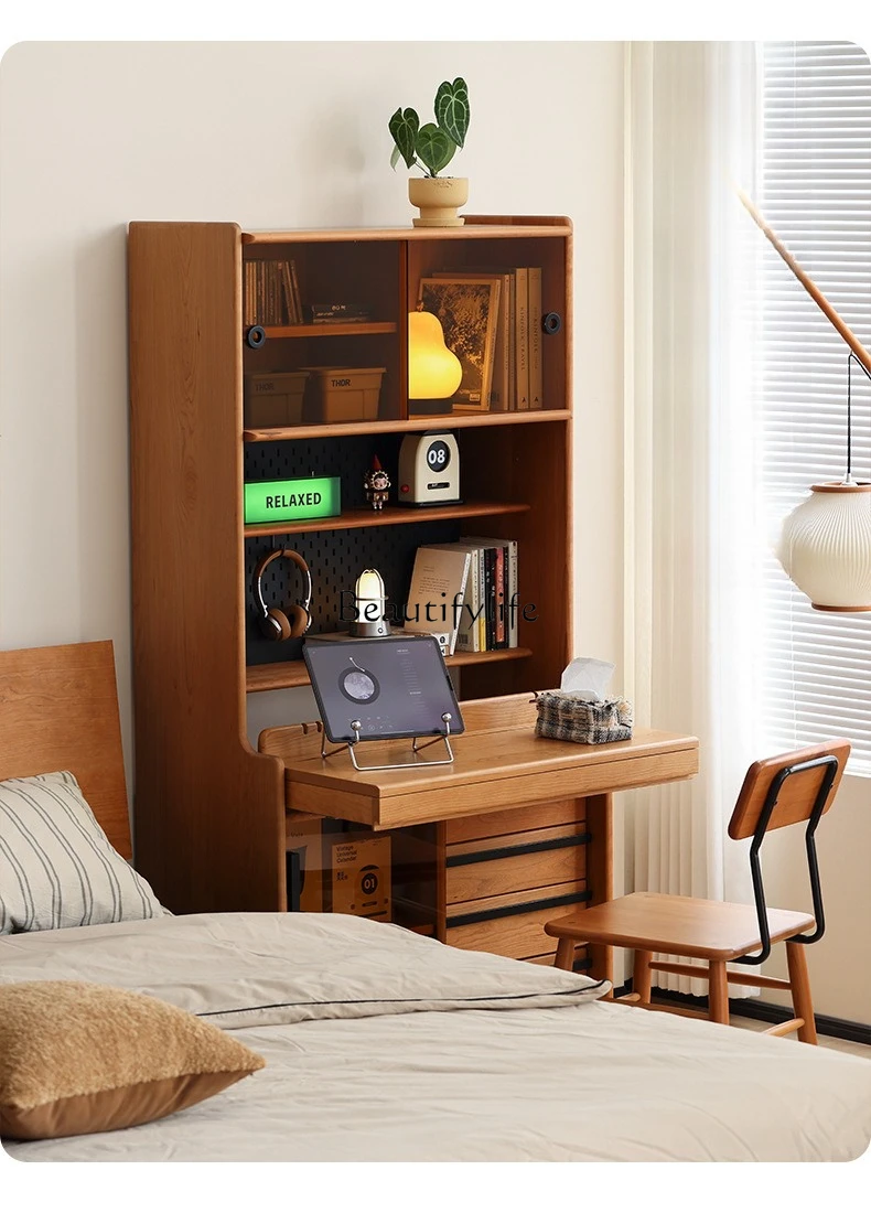 

Nordic cherry folding desk bookcase bedroom with solid wood retractable computer desk