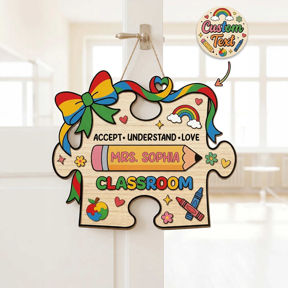 Personalized Puzzle Shape Classroom Door Sign,Custom Teacher Name Wooden Hanging Plaque,Back To School,Teacher Appreciation
