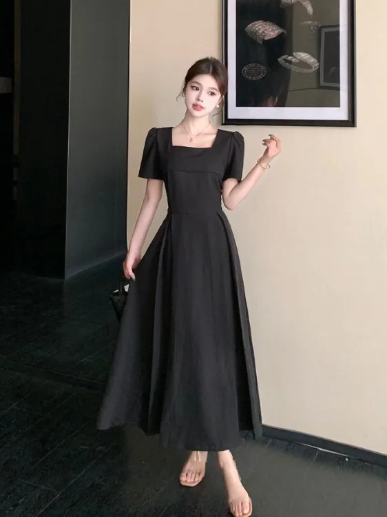 

plus Size Women's Chinese Style Square Collar Short Sleeve A-Line Dress Summer Waist-Cinching Black Dress Commute Ready