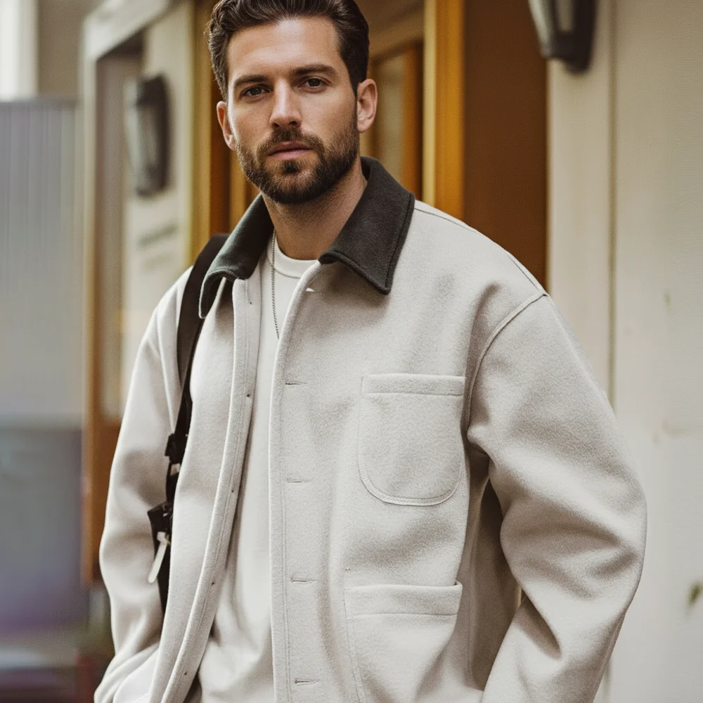 

Maden Vintage Heavyweight Woolen Jacket with Contrasting Lapel Loose Fit Warm Outerwear Versatile Coat for Men's Fall and Winter