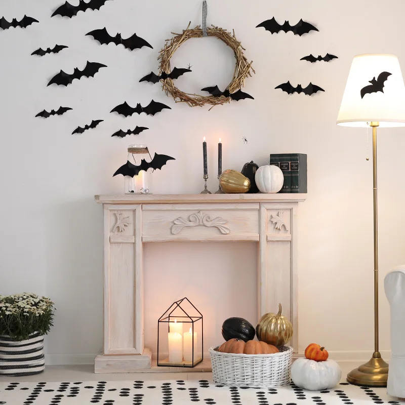 12/60 Stück 3D Schwarze Fledermaus-Wandaufkleber, Selbstklebende Halloween-Fledermaus-Aufkleber für Fenster und Wände, Gruselige Dekorationen für Hauspartys