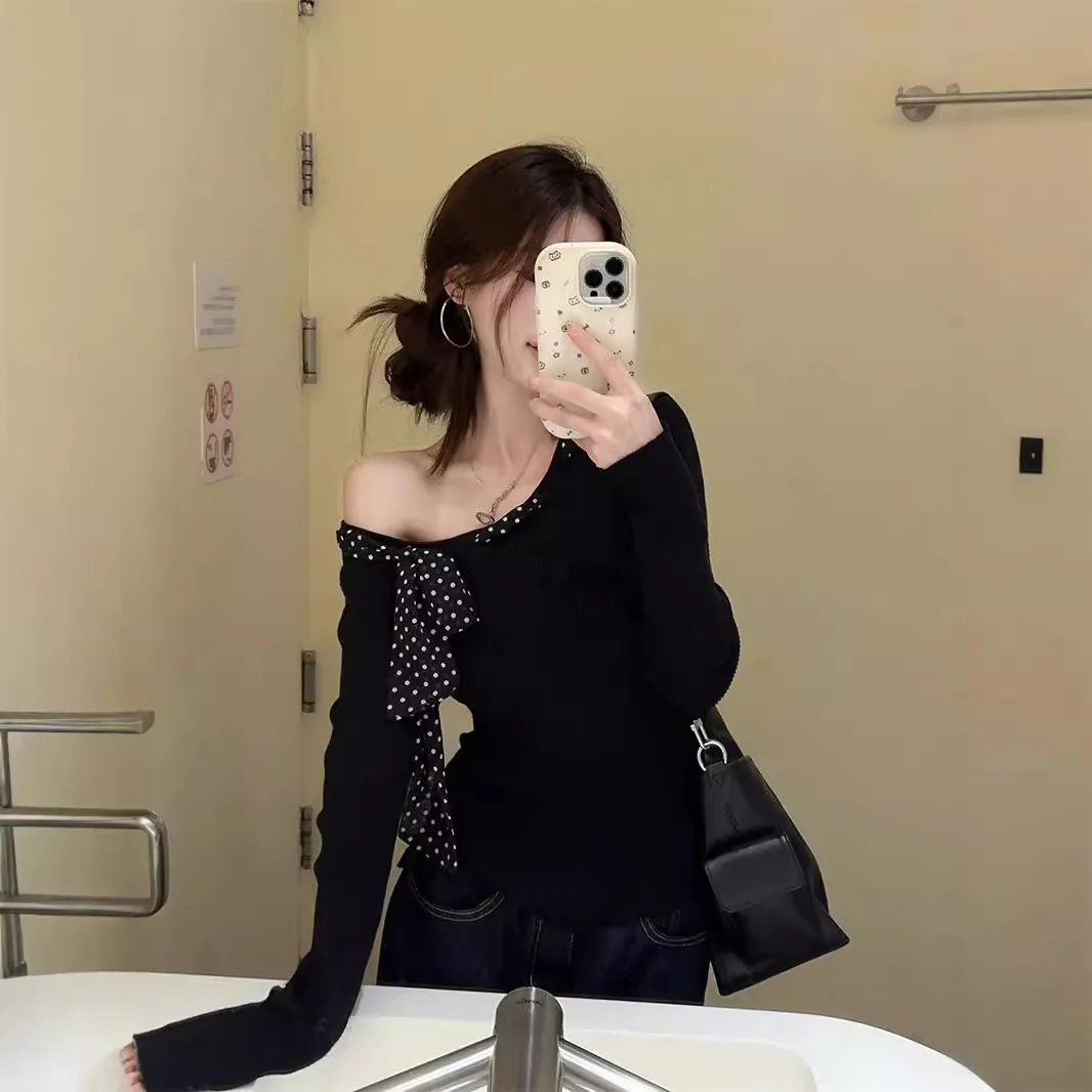 

High Quality Hot Selling Wholesale Polka Dot Ribbon T-shirt Long Sleeved Diagonal Shoulder Base Shirt Slim Fit Off Shoulder Top