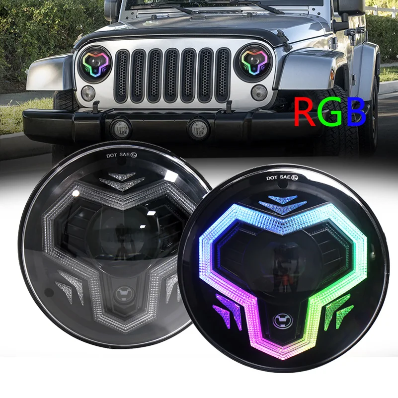 2PCS 7 Inch Led Rgb Halo Ring Headlights Led 7'' Round Headlamp Car Accessories With Demon Devil Eye for Jeep Wrangler.
