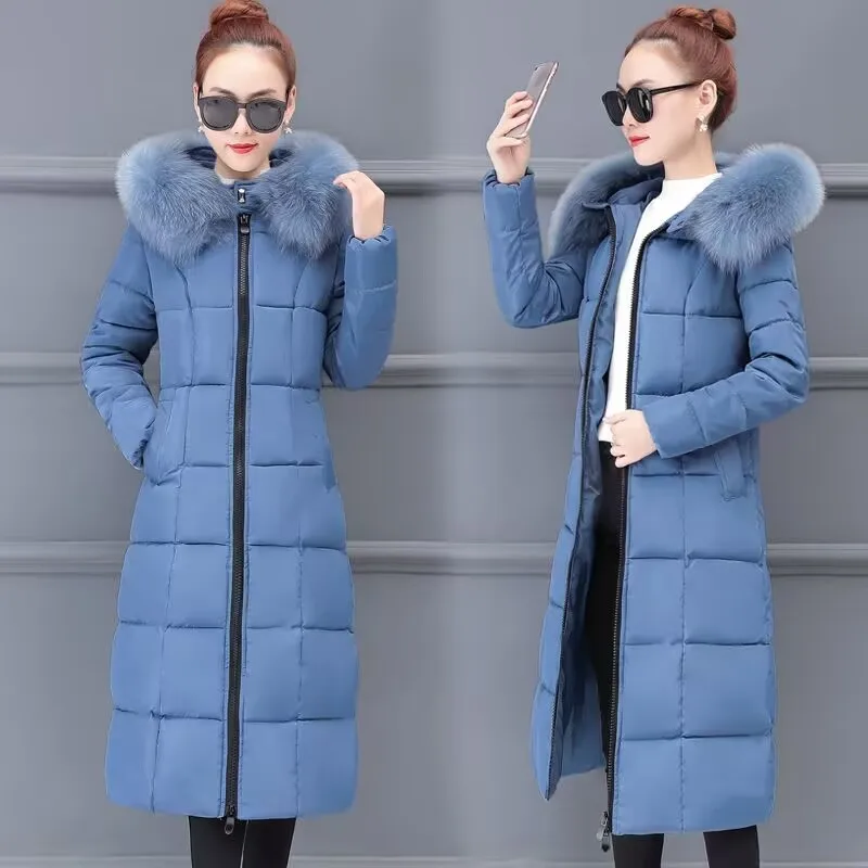 Women Winter Down Cotton Coat Big Fur Collar Jacket Female Long Hooded Over The Knee Thicken Slim Warm Cotton Jacket Parka Lady