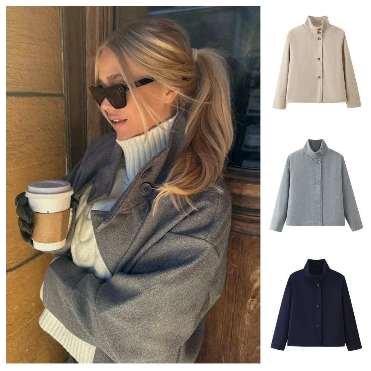 

Stand Collar Women Winter Woolen Coat 2026 Spring Single Breasted Loose Female Long Sleeve Jacket Office Lady Street Short Coats