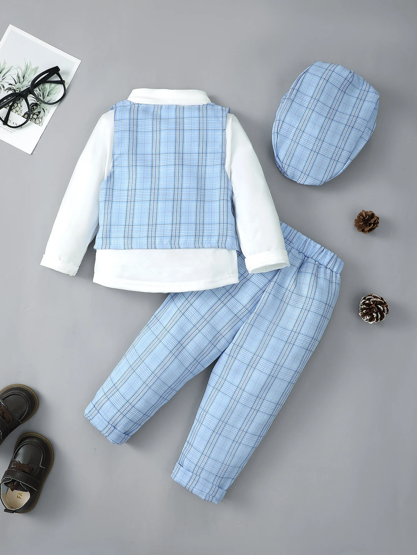 2-7Years Kids Toddler Gentleman Suit 4Pcs Plaid Vest Bow Tie Long Sleeve Shirt Pants Hat  Autumn Children's Clothes Outfit Set