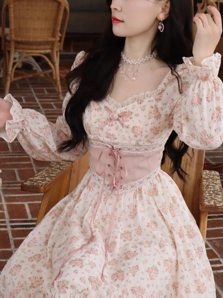 2023 Spring Pink Floral Elegant Dress Women Bandage Lace Print Sweet Vintage Dress Puff Sleeve Kawaii Dress Women Princess Fairy