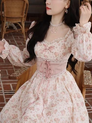 Vestido de manga folhada floral rosa para mulheres, bandagem, estampa de renda, vintage doce, princesa fada, kawaii, primavera, elegante, 2023