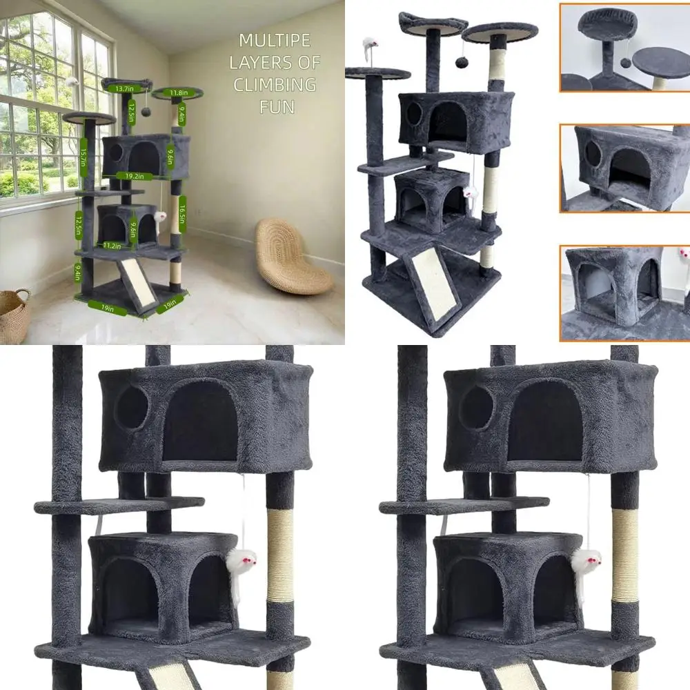 

Домашний кошачий дерево-башня 53 с двумя убежищами, сизалевым стволом для когтеточков и подвесными игрушками - темно-серый