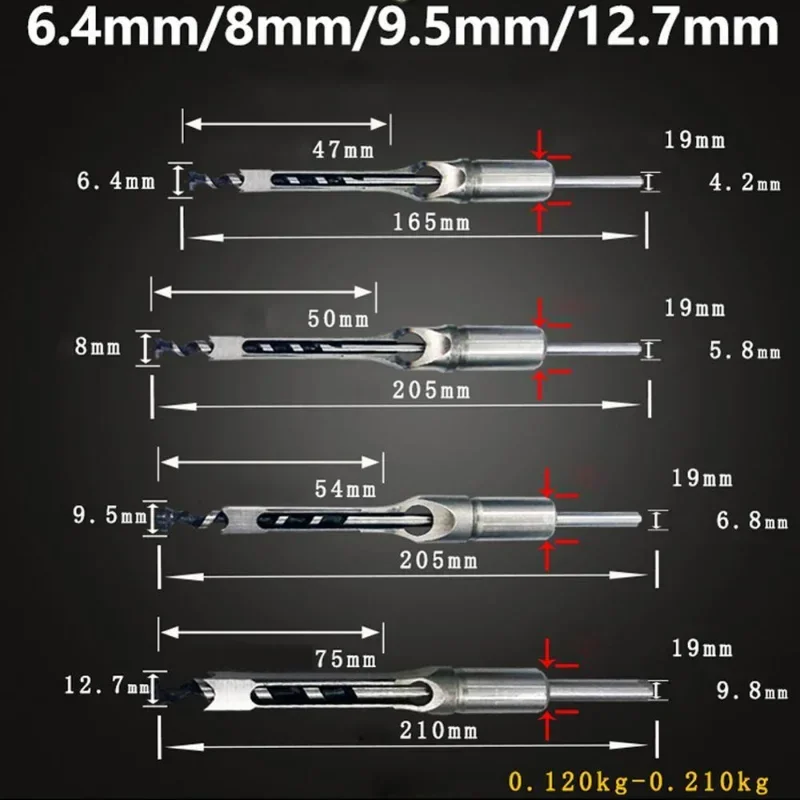 4pcs 6.357.94/9.5/12.7 HSS Square Hole Drill Bit mortising Woodworking Tool
