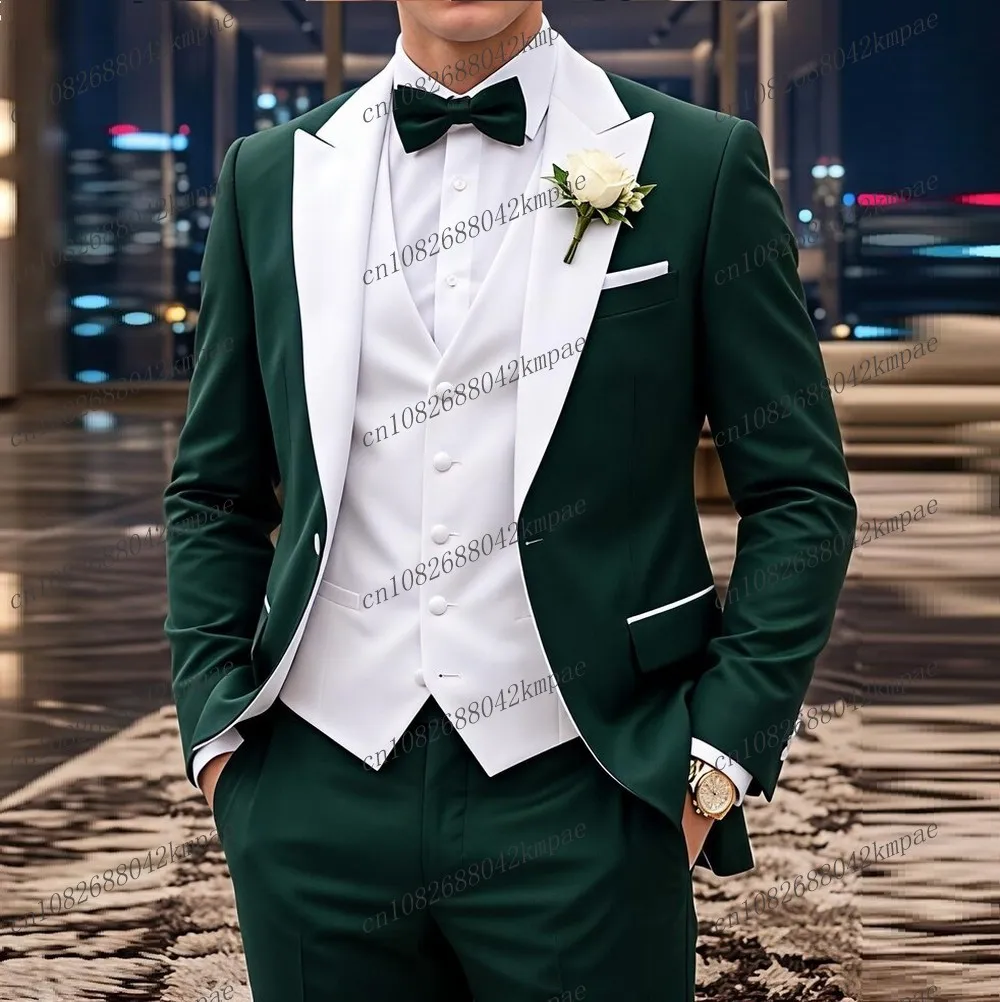 White And Dark Green Formal Men Suit Groom Groomsman Wedding Party Prom Business Male Tuxedos 3 Piece Set Blazer Vest Pants 01