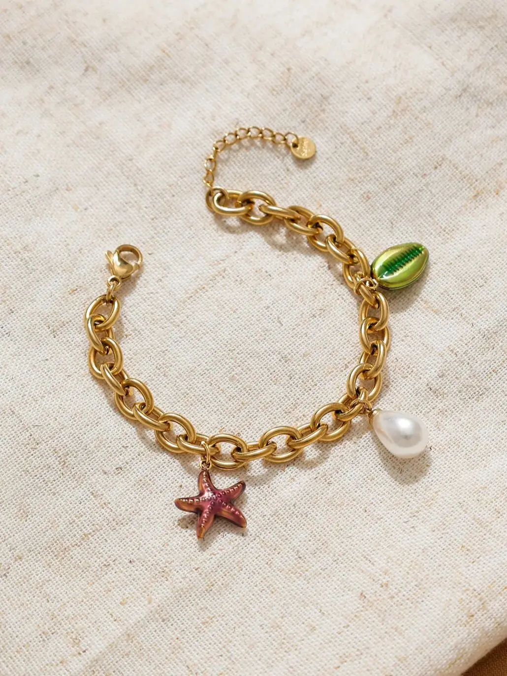 

Bohemian Conch Starfish Shell Oil Drop Pearl Stainless Steel Bracelet Women Girls Beach Bracelet Waterproof Jewelry Gift