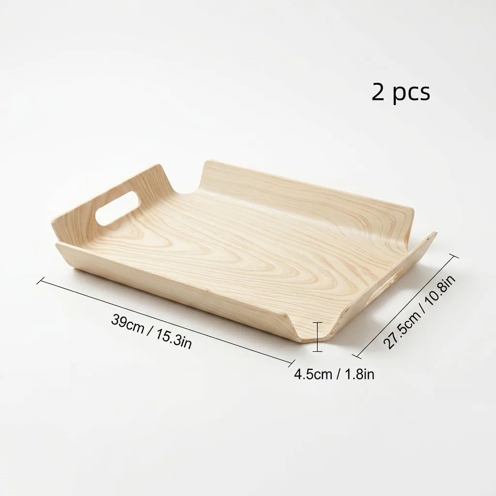Rechthoekige plastic serveerschaal met handgrepen, houtnerf, voor fruit, dessert, cake, ontbijt, servies, met opstaande randen