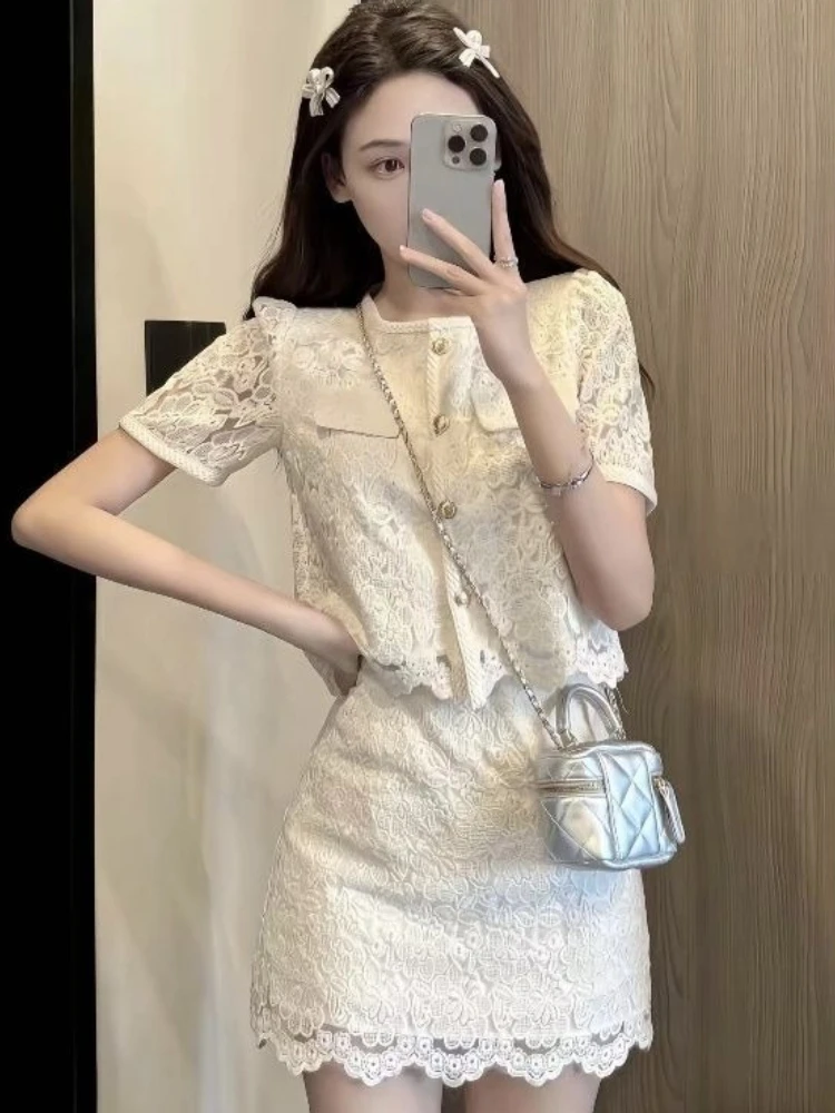 

Fashion Elegant Matching Sets Short Sleeve Crop Tops High Waist Mini Skirts Lace Solid Color Small Fragrance Women Clothing 2025