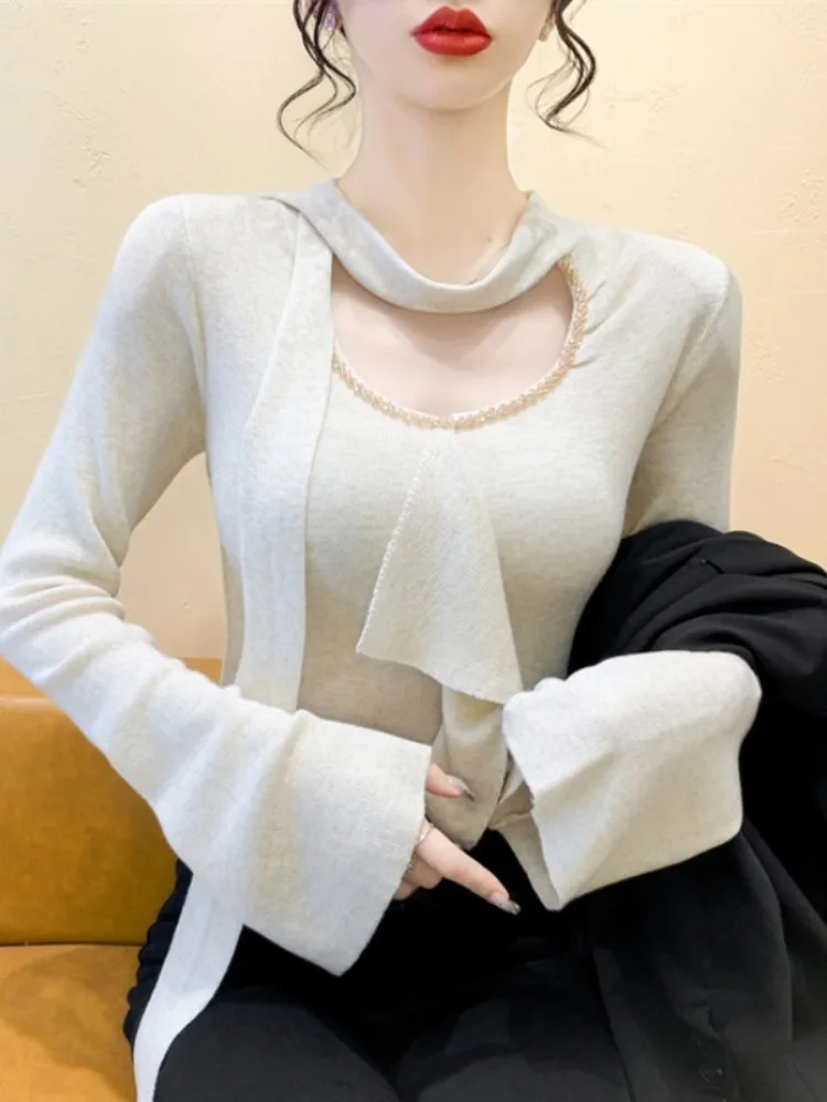 Ele redondo ne longo sve blusa de malha feminina moda primavera outono pérola grânulo embelezado blusa commute sle