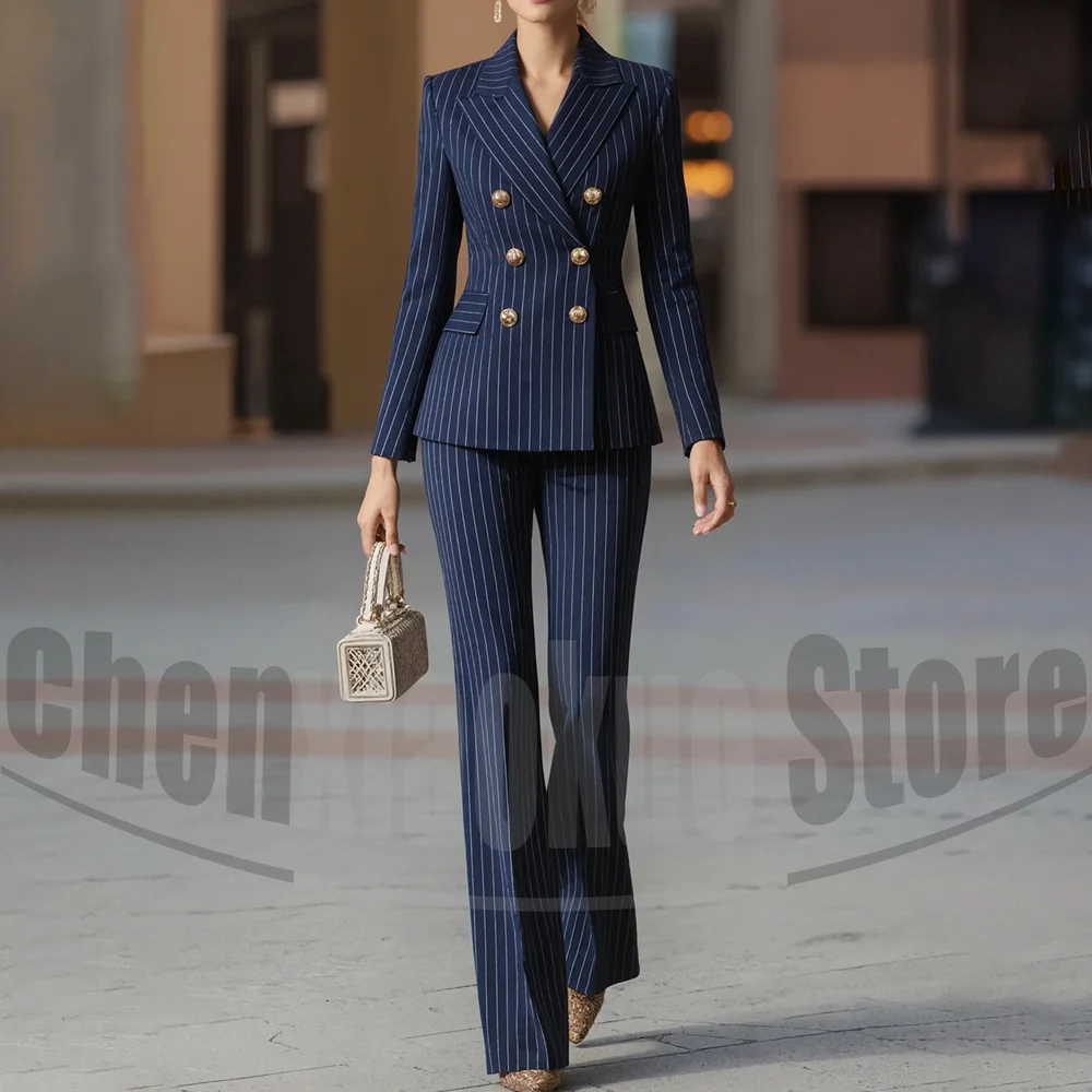 

Navy Blue Women's Striped Suit Set Double Breasted Peak Lapel Wear Chic Formal Office Business Casual Pants Suits Two Piece