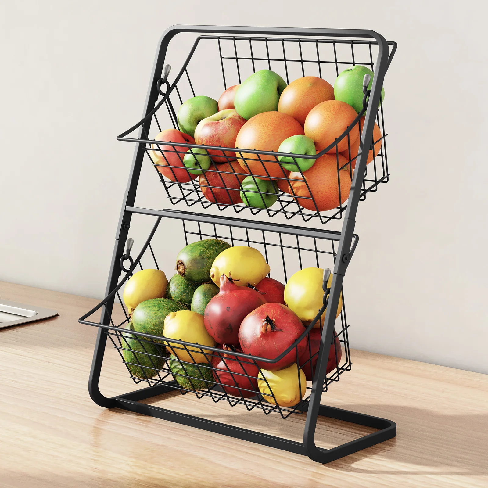 2段式カウンターフルーツ野菜バスケット、キッチンキャビネットスナック収納ラック（ニンニク、生姜、玉ねぎ用）