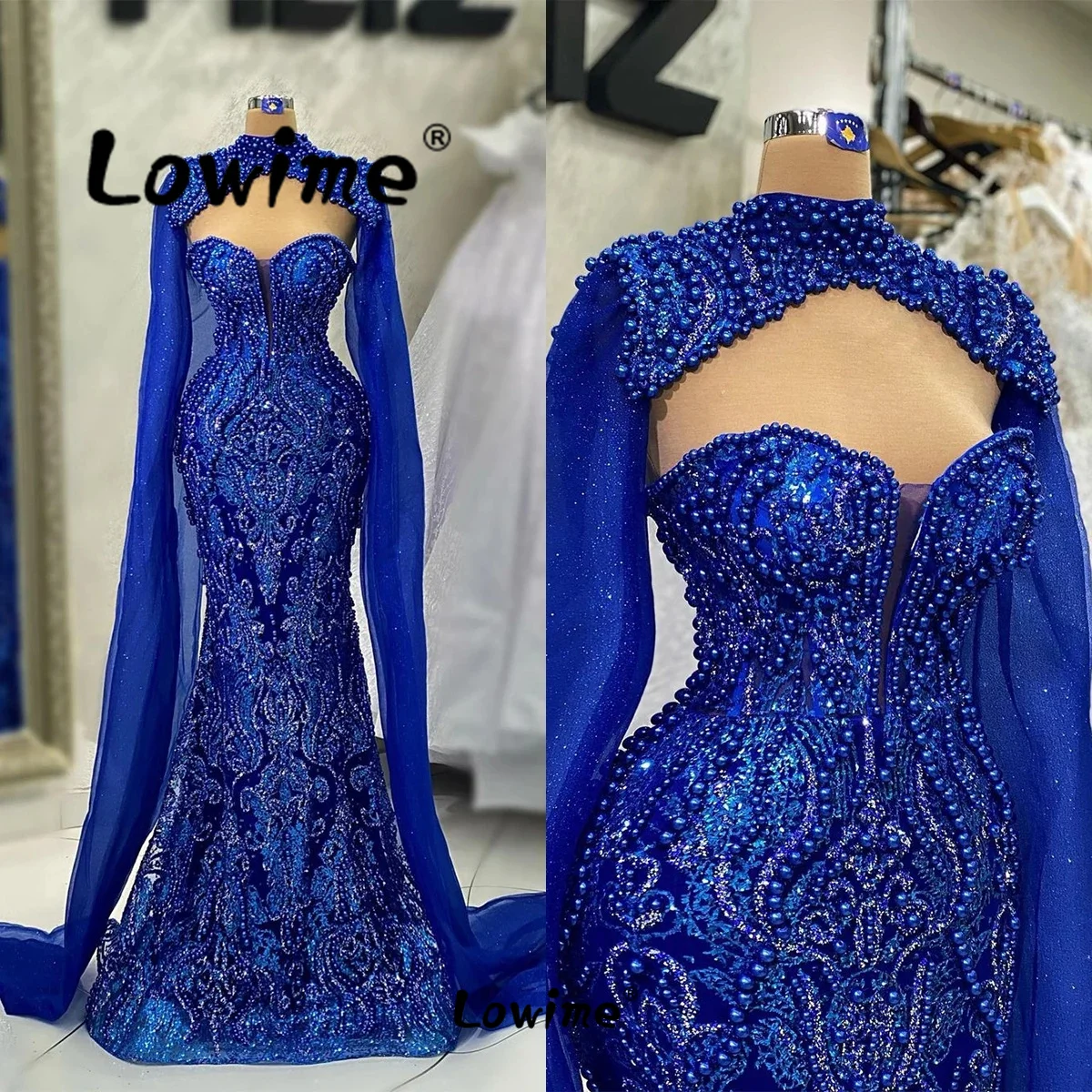 Vestidos de noche con cuentas completas para mujer, vestidos formales con mangas de capa, perlas brillantes, vestidos de graduación, vestidos de fiesta hechos a medida, azul real