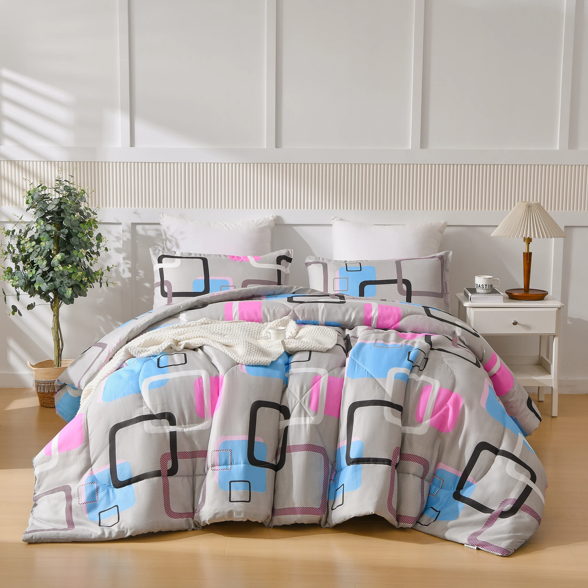 3 Pieces Comforter Set With Geometric Pattern, Luxury Soft Comforter For All Season, Ultra Soft 100% Microfiber Polyester