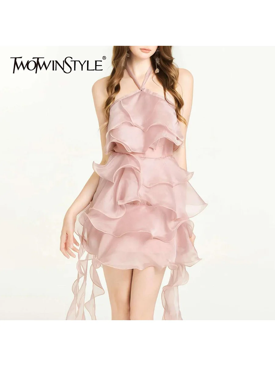 

TWOTWINSTYLE Patchwork Ruffles Sweet Dresses for Women Halter Sleeveless High Waist Tassels Solid Dress Female Fashion Clothing