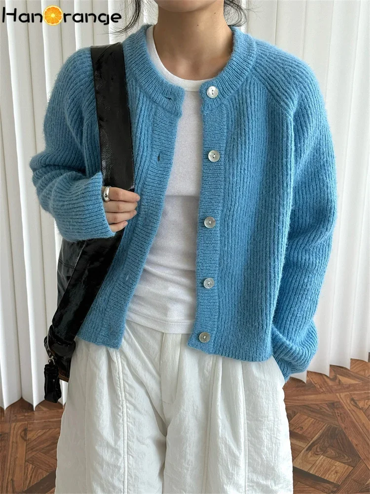 HanOrange 2024 Autumn Winter Lazy O-neck Wool Knitted Cardigan Women Fluffy Soft Warm Comfortable Sweater Top Blue/Coffee