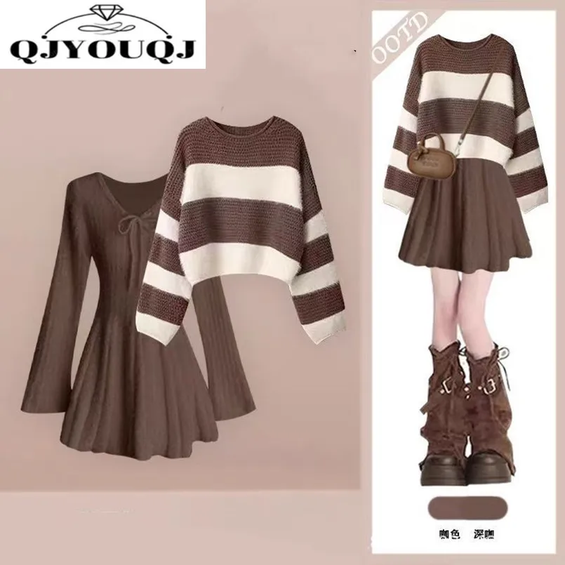 

Autumn and Winter New Korean Loose Knitted Sweater Slimming Temperament Dress Two-piece Set