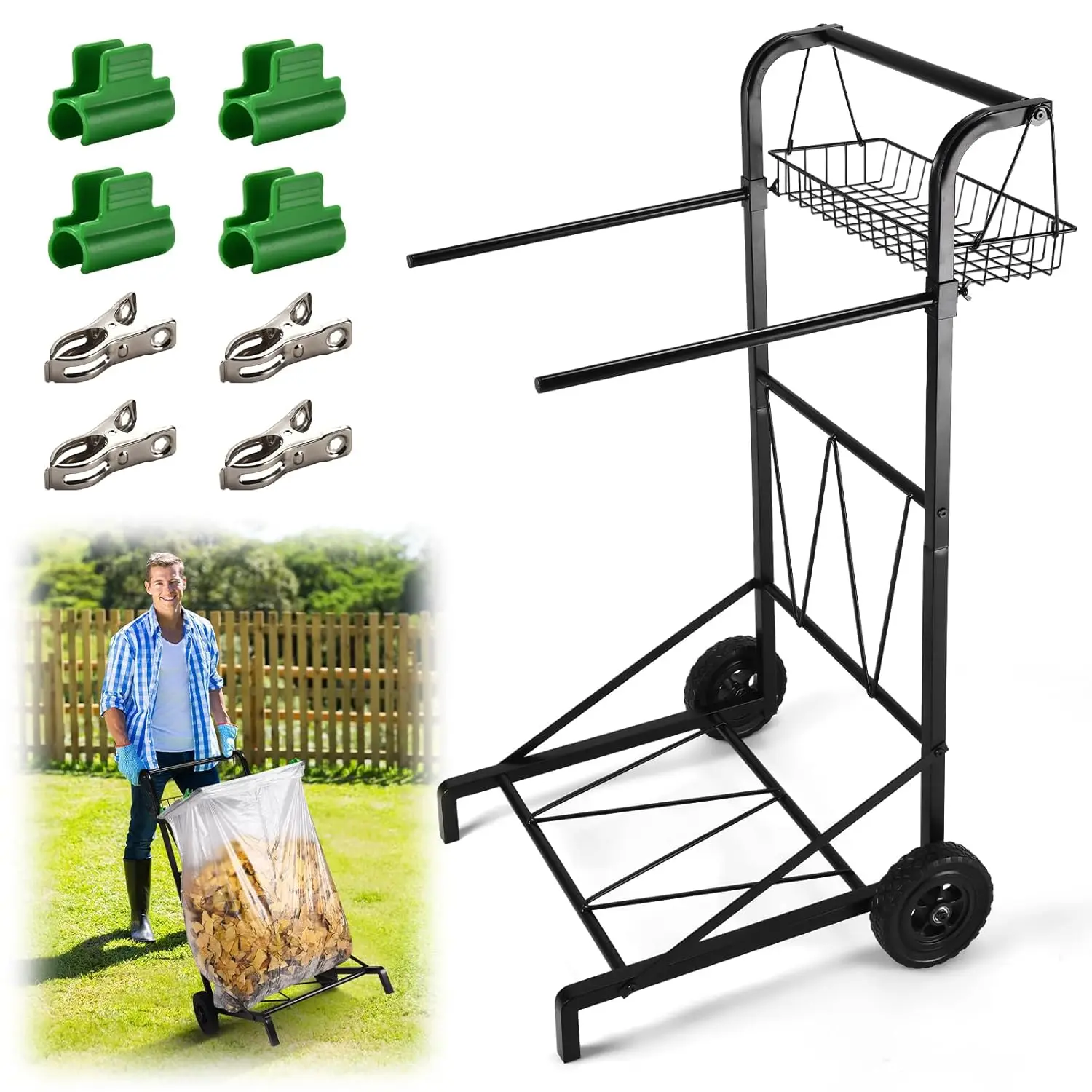

Adjustable Leaf Bag Holder Cart with Wheels, 30-45 Gallon Capacity for Yard Cleanup, Camping, and Parties