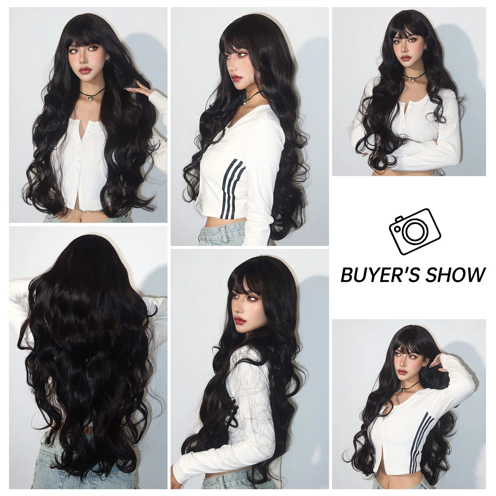 Wig sintetis hitam bergelombang Super panjang dengan poni untuk wanita Wig rambut alami Cosplay Halloween gelombang air gelap Afro tahan panas