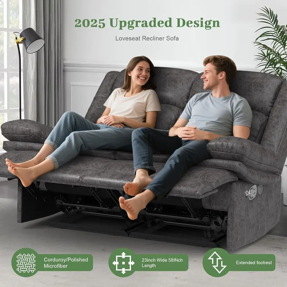 2-Seater Reclining Loveseat Sofa with USB Ports & Cell Phone Holders, 58 RV Sofa, Manual Recliners (Polished Microfiber)