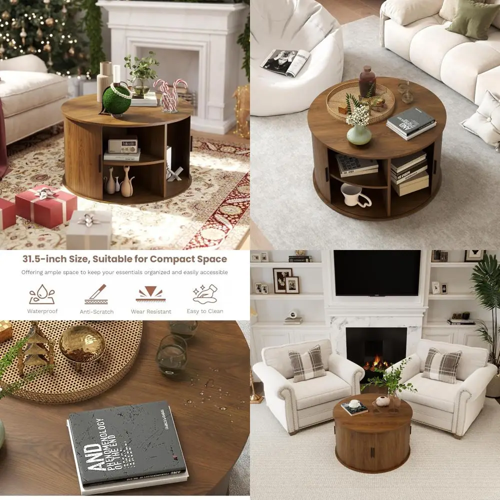 

Современный круглый журнальный столик середины века 31,5 дюйма с рифленым дизайном и полкой для хранения вещей