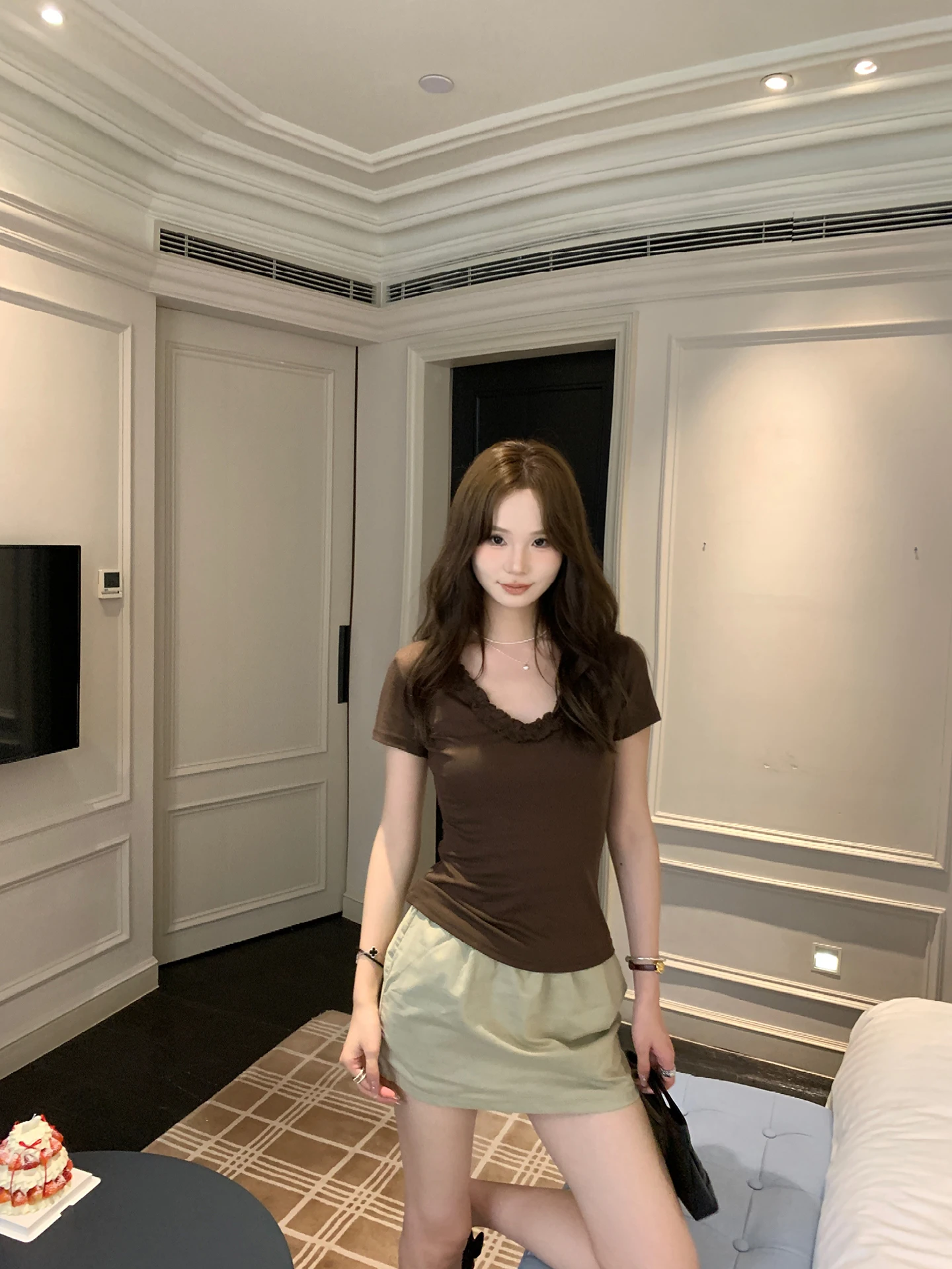 

Женская футболка-топ Anneop с V-образным вырезом, кружевом и коротким рукавом, двухцветная, белая, с эффектом похудения, омолаживающая, универсальная