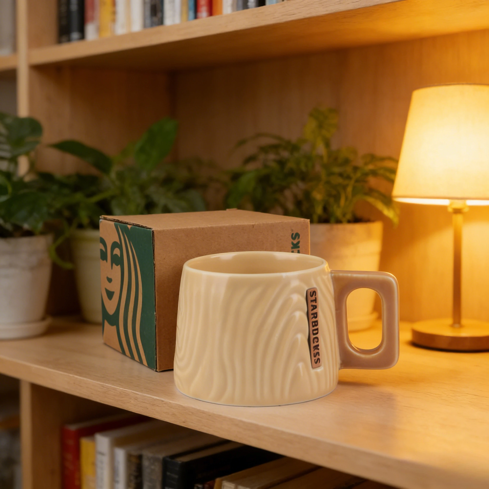 

Starbucks Ceramic Coffee Mug Wood Grain Embossed Bronze Badge Large Capacity Office Cup Gift