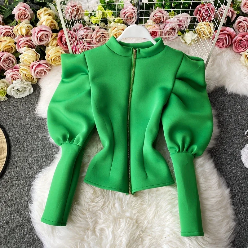 OCEANLOVE Blusas Mujer Solid Stand Collar Puff Sleeve Autumn Ins High Fashion Women Blouses Vintage Korean Elegant Shirts 19024